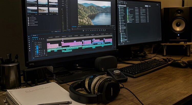 Videoschnittplatz mit Zeitleiste auf dem Monitor