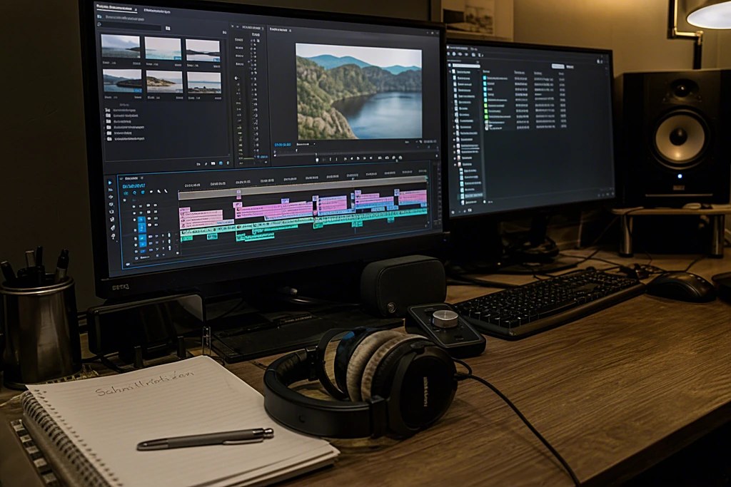Videoschnittplatz mit Zeitleiste auf dem Monitor
